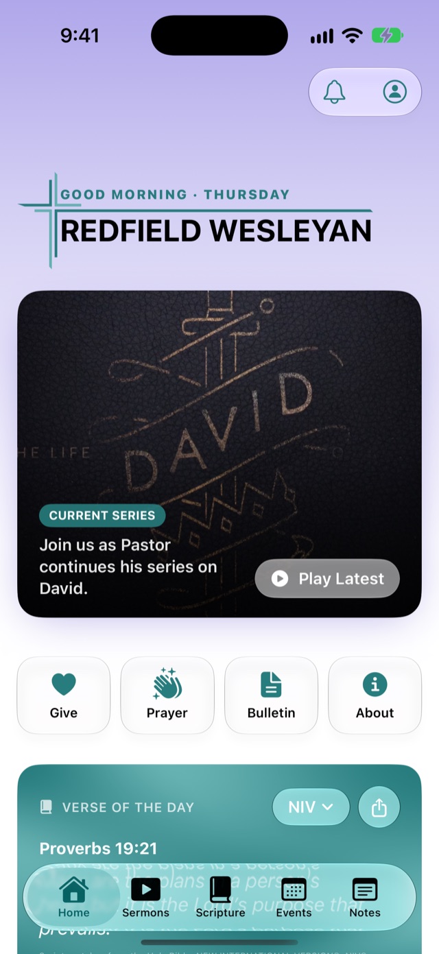 A church app's Home screen